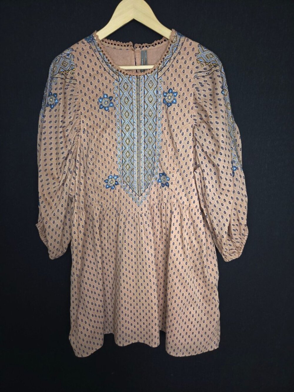 💙 Anthropologie Tan Blue Embroidered Cotton Tunic Dress Size XL Beaded Boho Pea